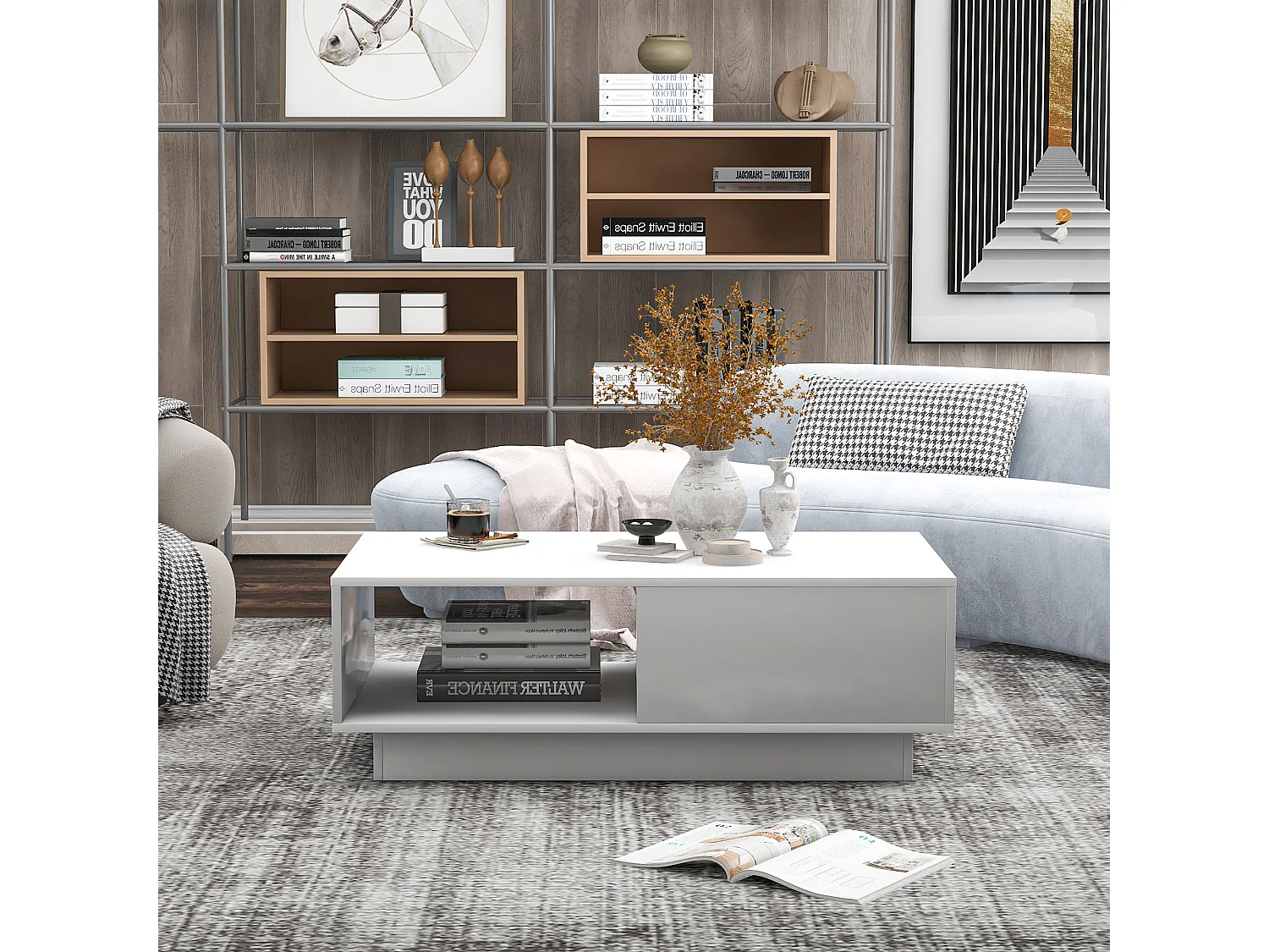 Moderne salontafel, strak design met LED-verlichting, spaanplaat, wit (95x55x32 cm)