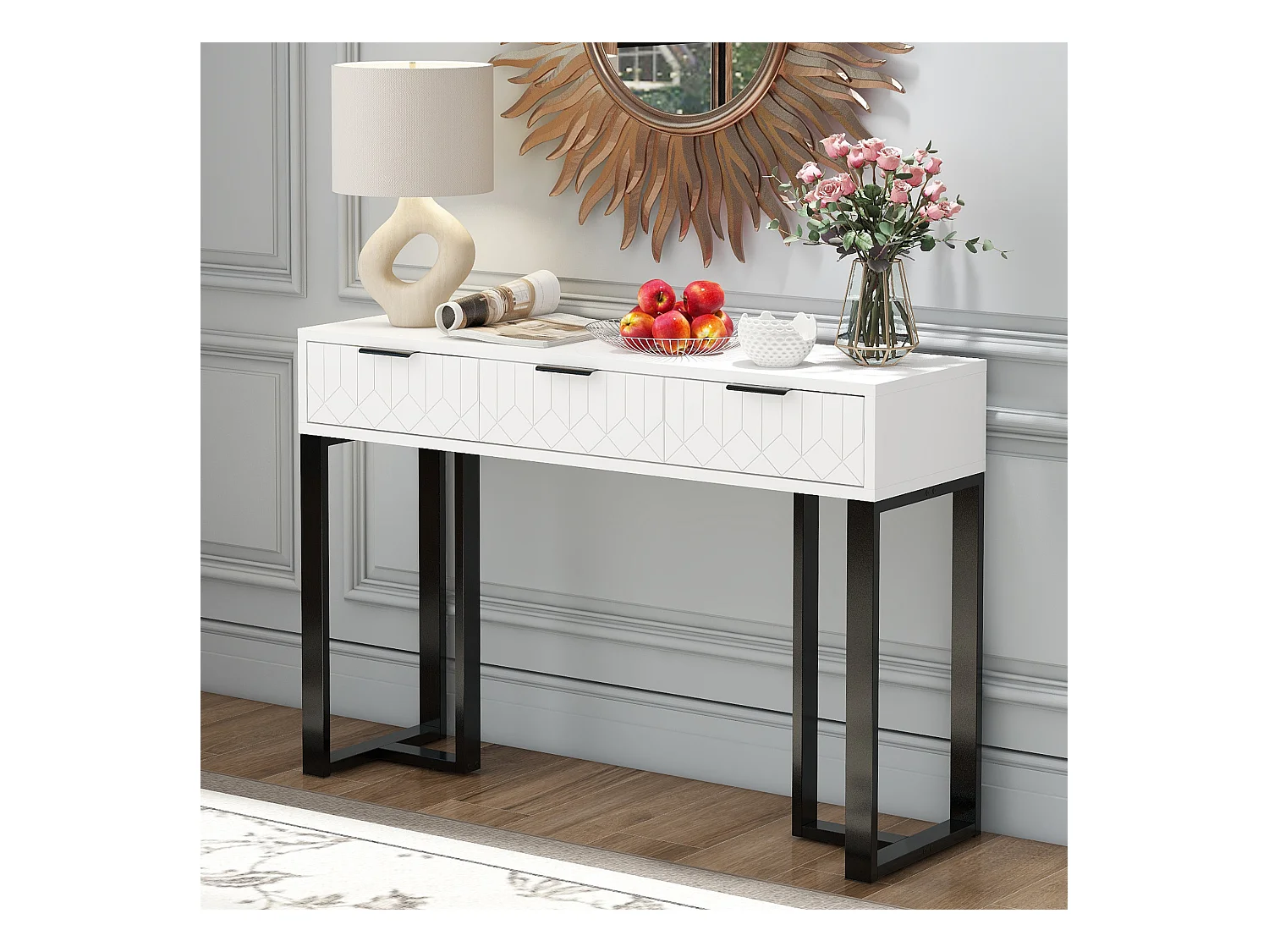 Console murale moderne avec tiroirs, design élégant, MDF, blanc et noir, pieds réglables et poignées dorées (120x36x80 cm)