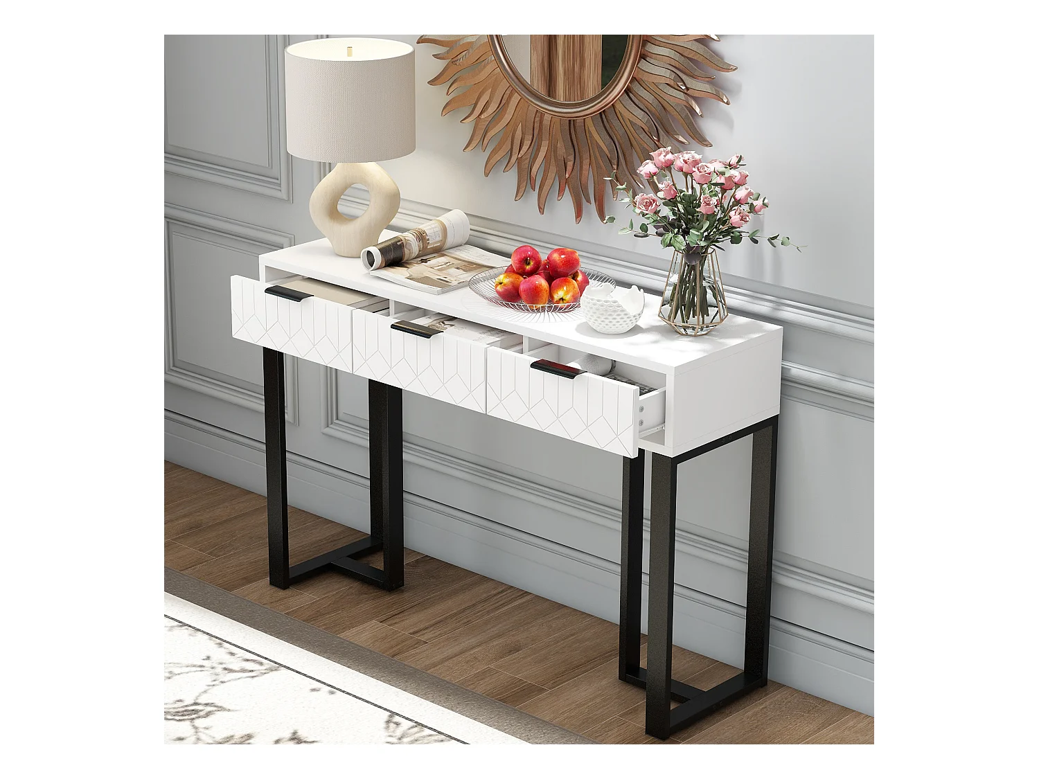 Console murale moderne avec tiroirs, design élégant, MDF, blanc et noir, pieds réglables et poignées dorées (120x36x80 cm)