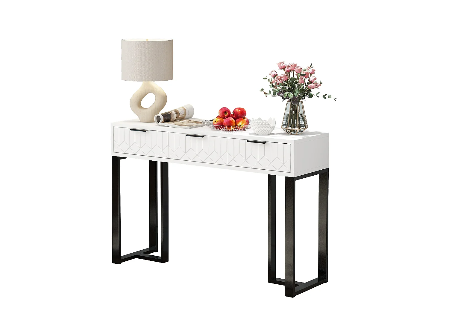 Console murale moderne avec tiroirs, design élégant, MDF, blanc et noir, pieds réglables et poignées dorées (120x36x80 cm)