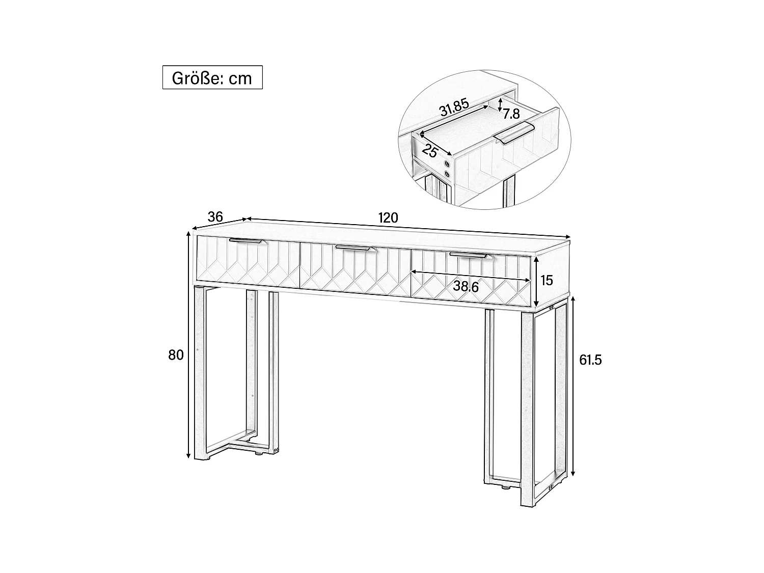 Console murale moderne avec tiroirs, design élégant, MDF, blanc et noir, pieds réglables et poignées dorées (120x36x80 cm)