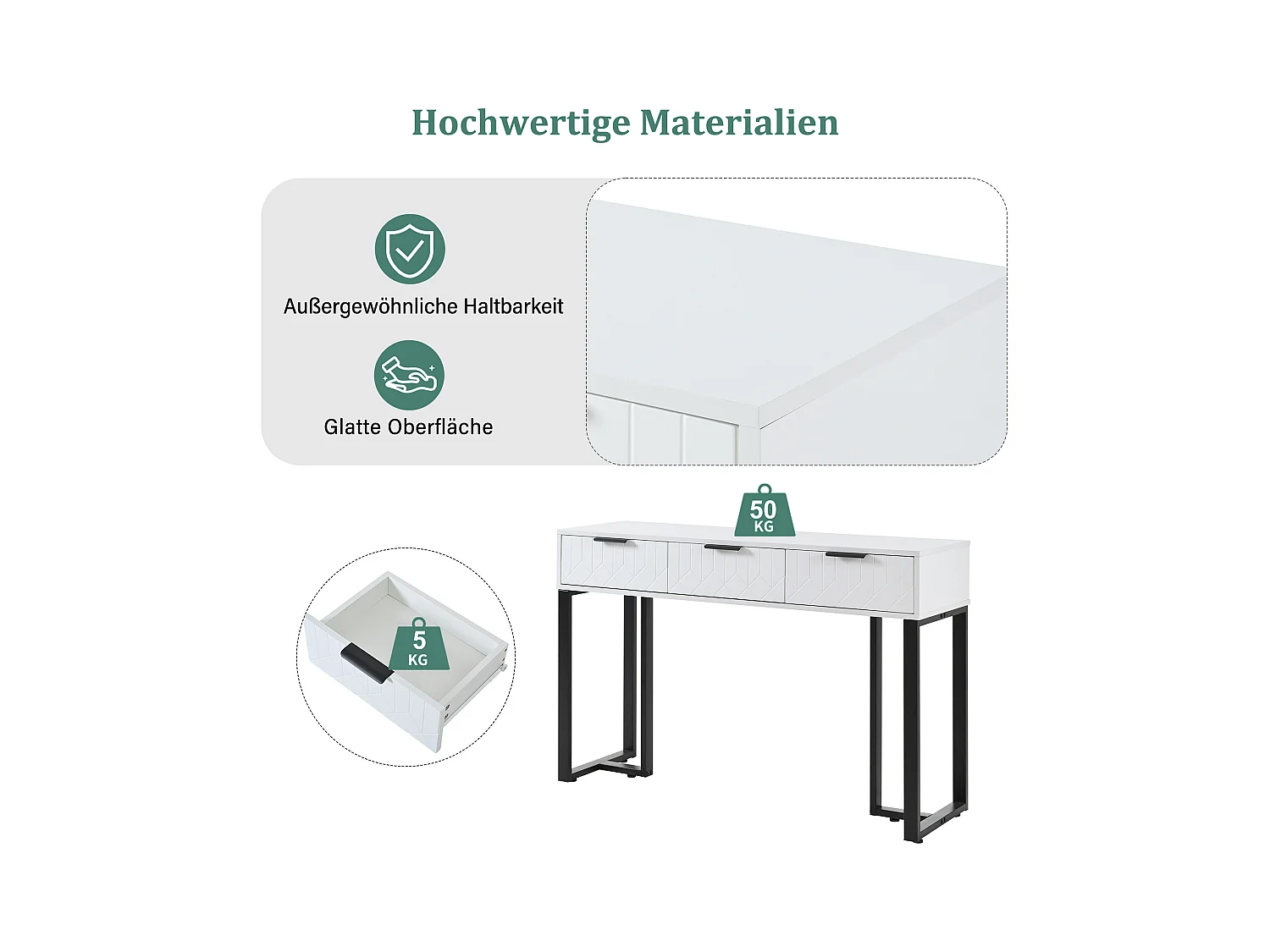 Console murale moderne avec tiroirs, design élégant, MDF, blanc et noir, pieds réglables et poignées dorées (120x36x80 cm)