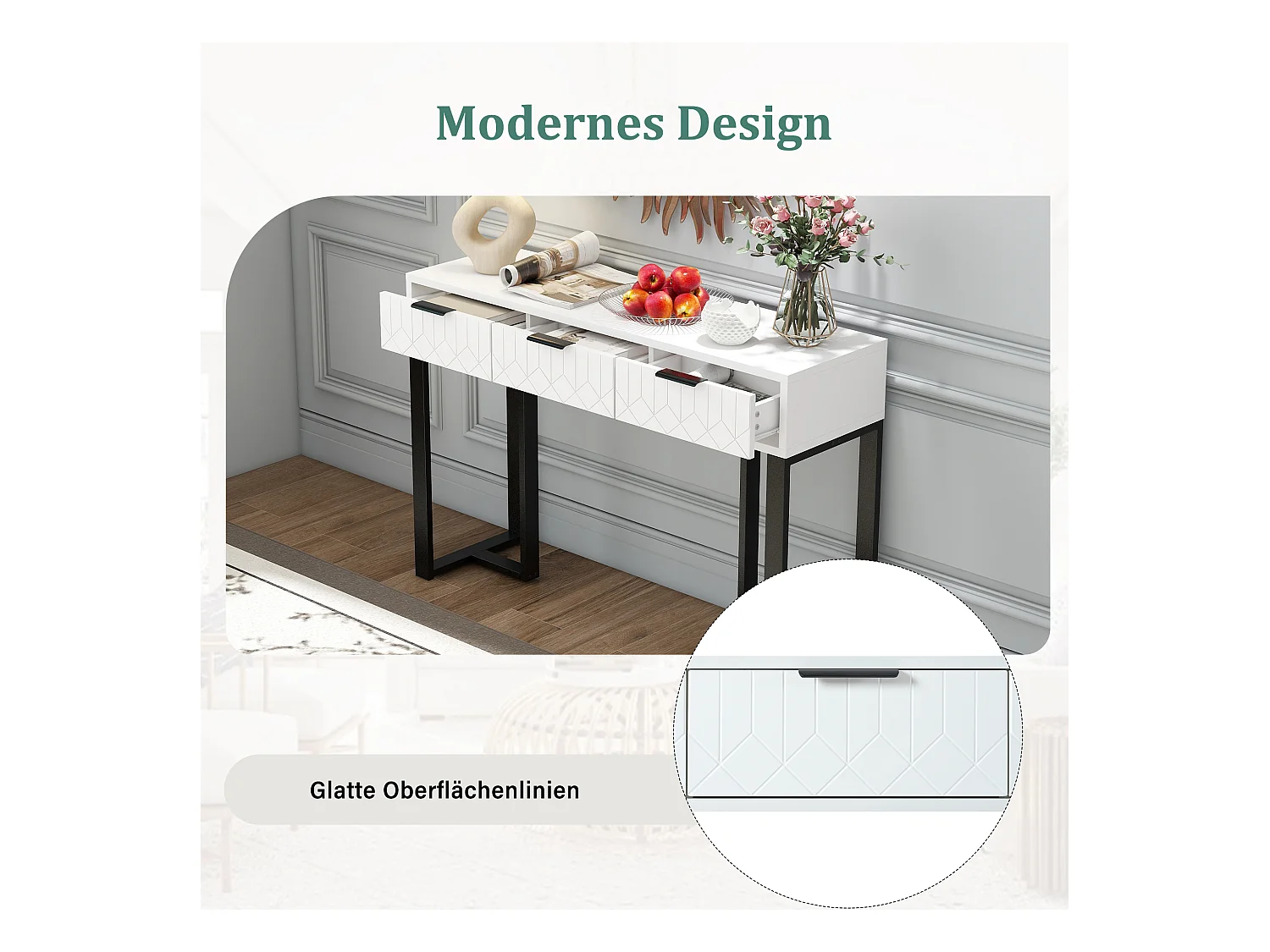 Console murale moderne avec tiroirs, design élégant, MDF, blanc et noir, pieds réglables et poignées dorées (120x36x80 cm)