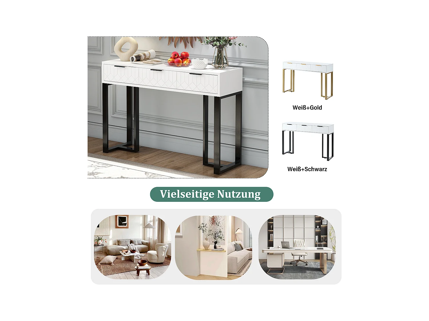 Console murale moderne avec tiroirs, design élégant, MDF, blanc et noir, pieds réglables et poignées dorées (120x36x80 cm)