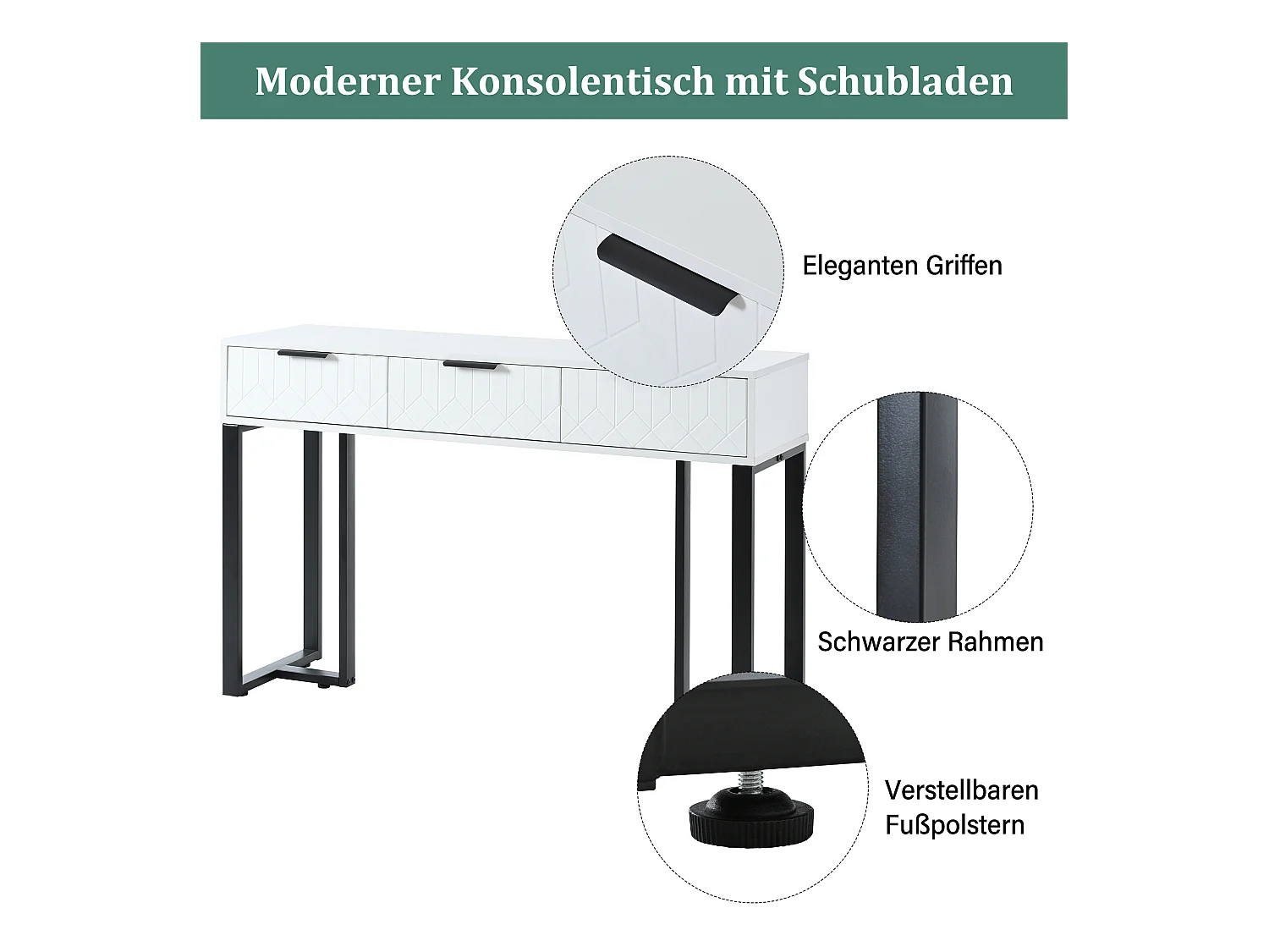 Console murale moderne avec tiroirs, design élégant, MDF, blanc et noir, pieds réglables et poignées dorées (120x36x80 cm)