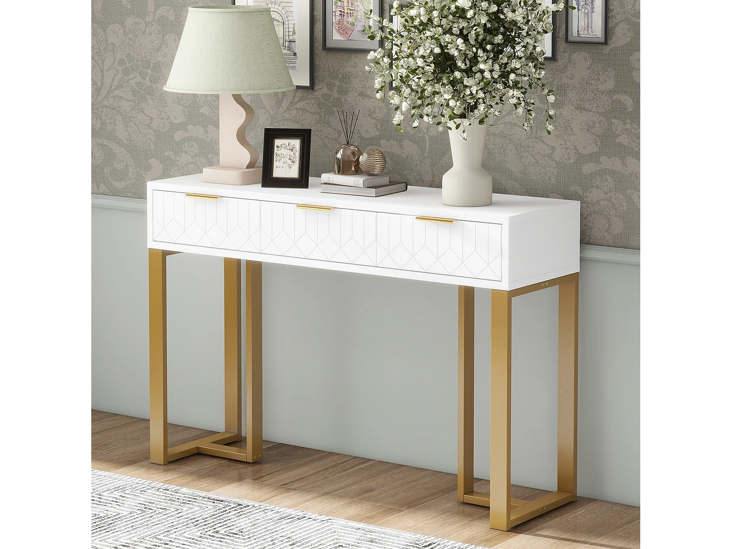 Console murale moderne avec tiroirs, design élégant, MDF, blanc et doré, pieds réglables (120x36x80 cm)