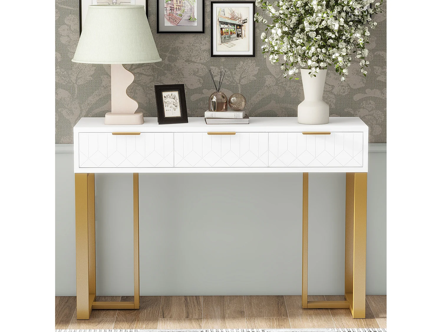 Console murale moderne avec tiroirs, design élégant, MDF, blanc et doré, pieds réglables (120x36x80 cm)
