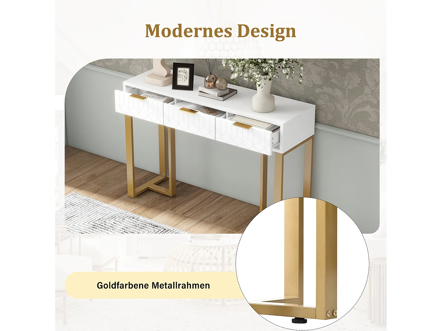 Console murale moderne avec tiroirs, design élégant, MDF, blanc et doré, pieds réglables (120x36x80 cm)