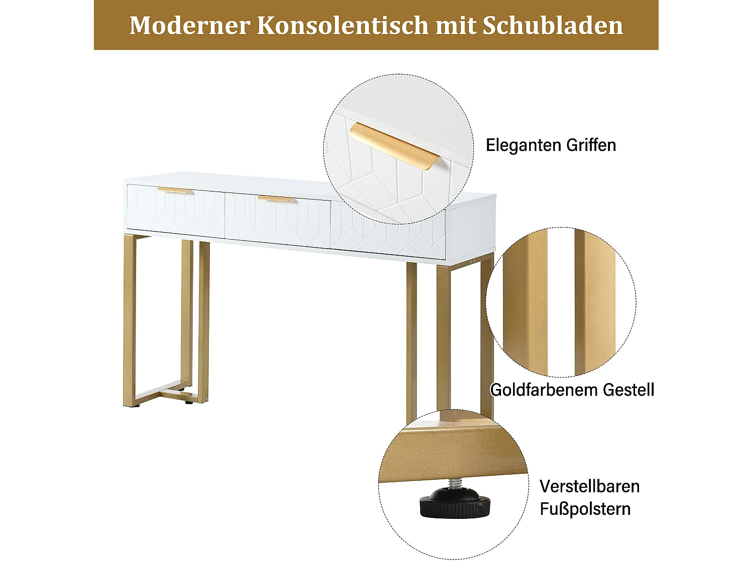 Console murale moderne avec tiroirs, design élégant, MDF, blanc et doré, pieds réglables (120x36x80 cm)