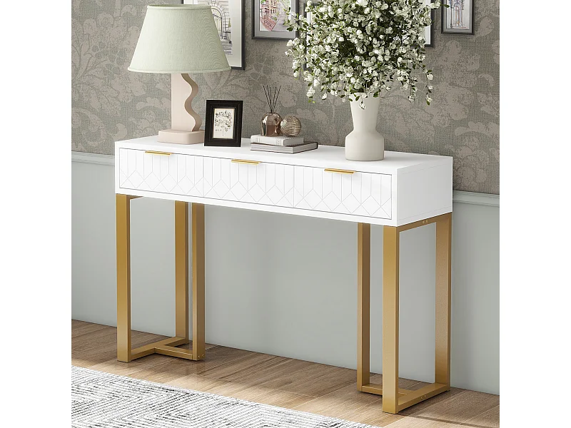 Console murale moderne avec tiroirs, design élégant, MDF, blanc et doré, pieds réglables (120x36x80 cm)