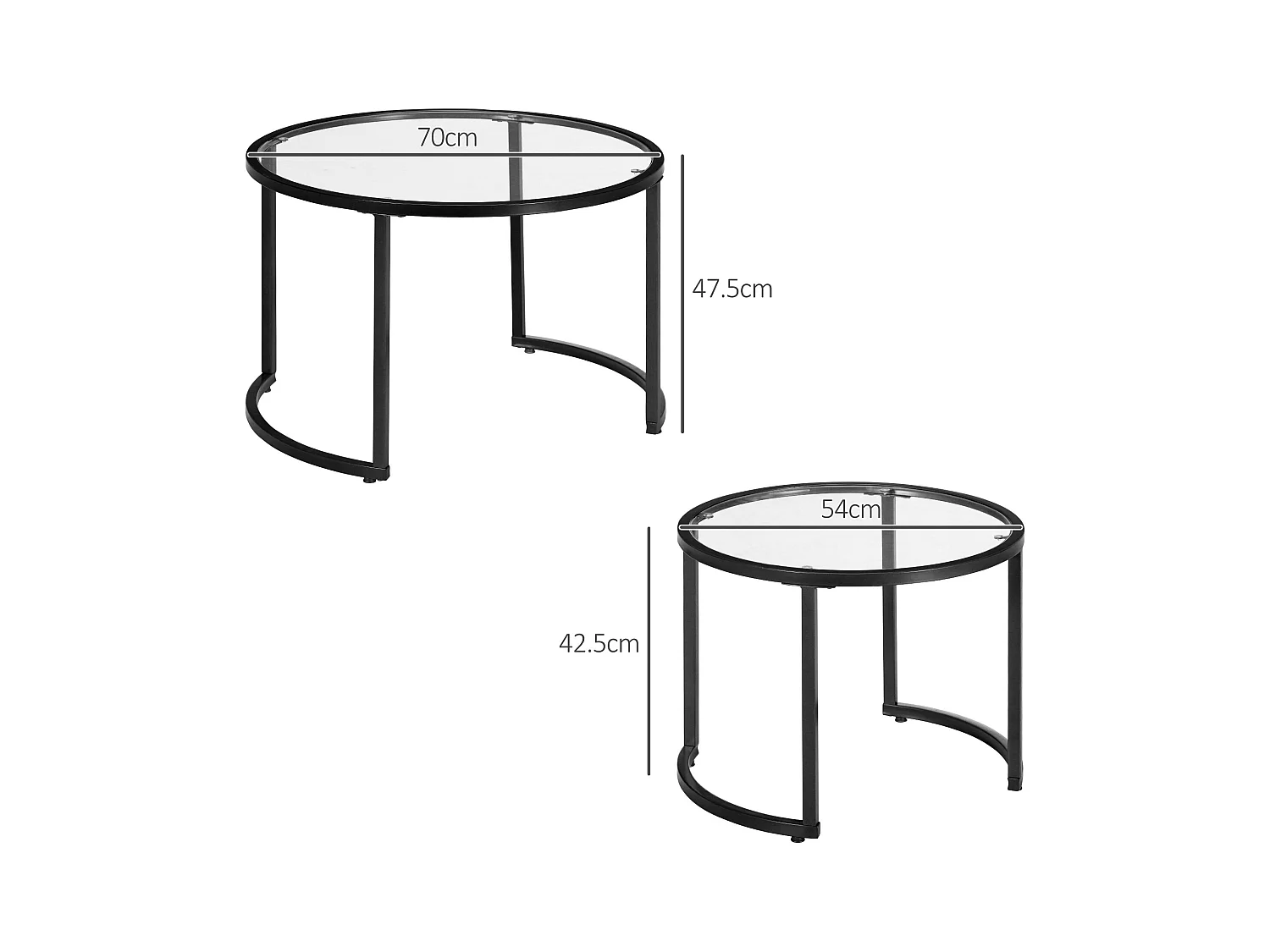 Table basse ronde empilable, design moderne, verre trempé et acier, noir (70x70x47.5 cm)
