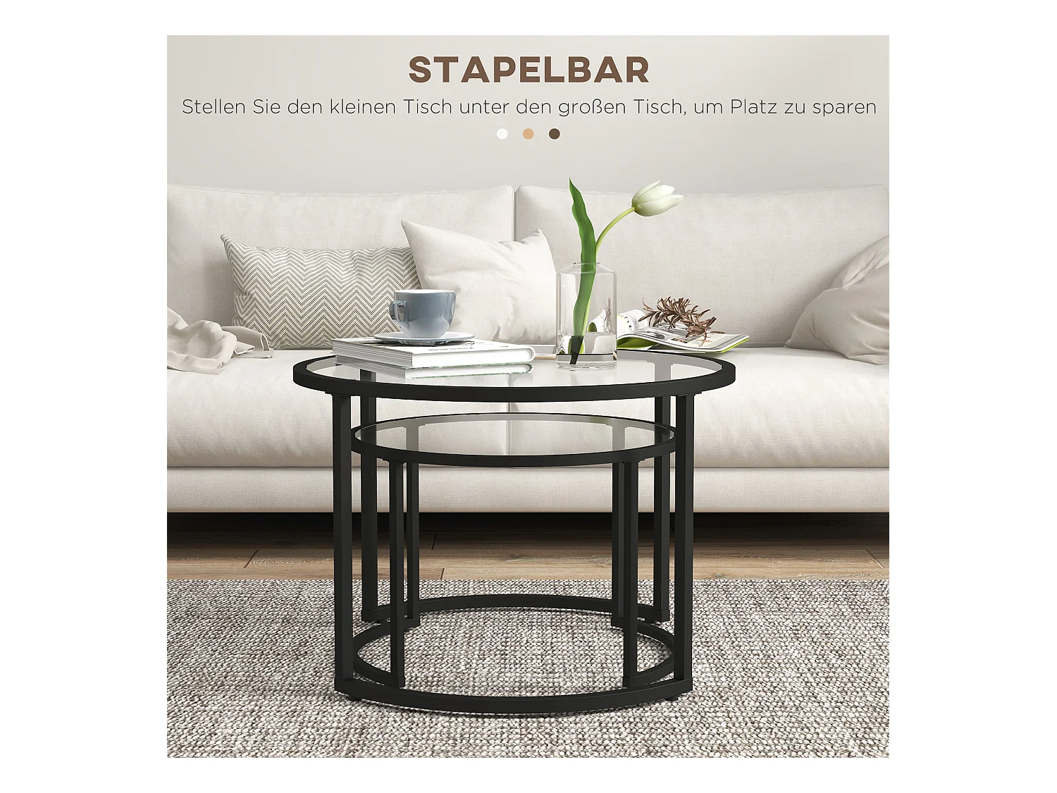 Table basse ronde empilable, design moderne, verre trempé et acier, noir (70x70x47.5 cm)