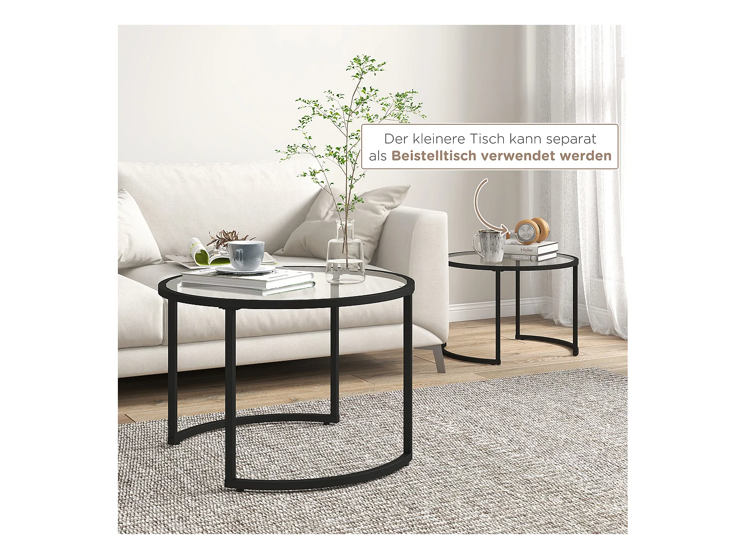 Table basse ronde empilable, design moderne, verre trempé et acier, noir (70x70x47.5 cm)