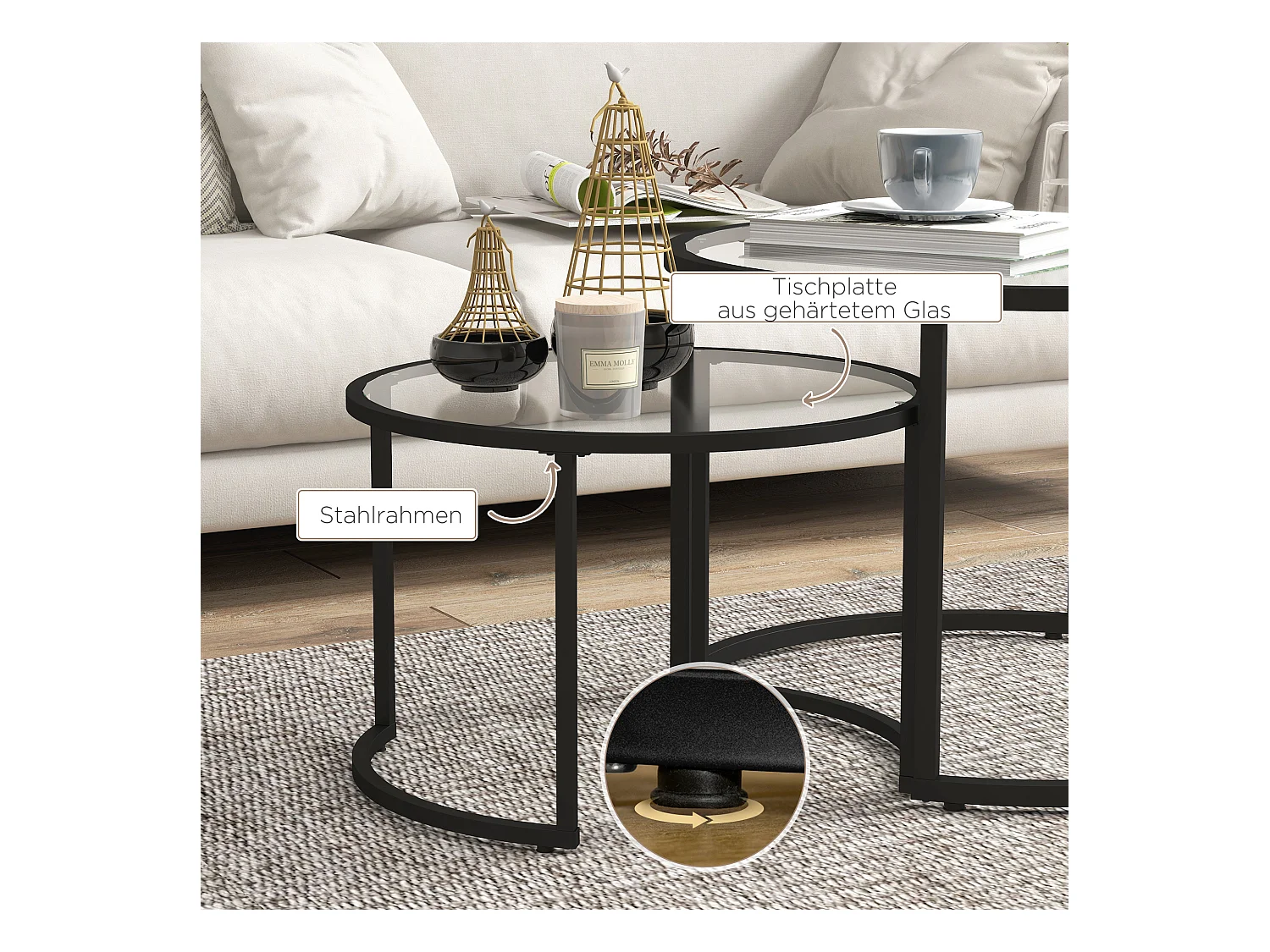 Table basse ronde empilable, design moderne, verre trempé et acier, noir (70x70x47.5 cm)