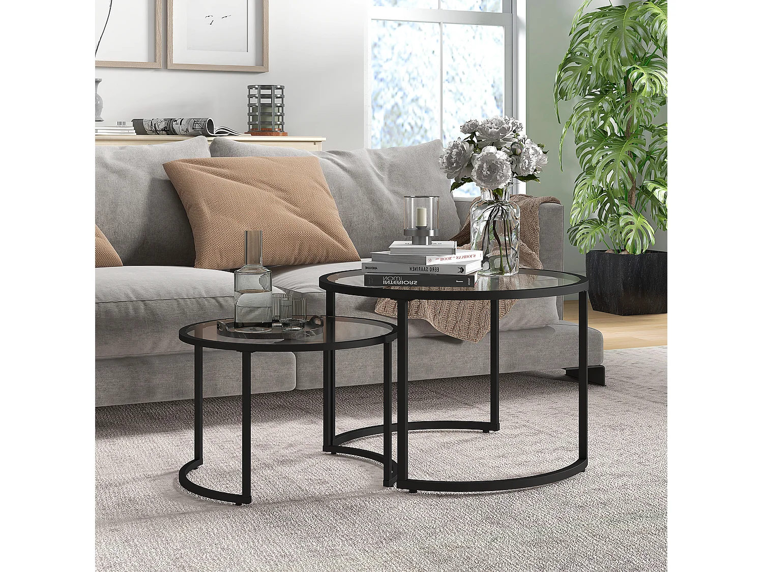 Table basse ronde empilable, design moderne, verre trempé et acier, noir (70x70x47.5 cm)