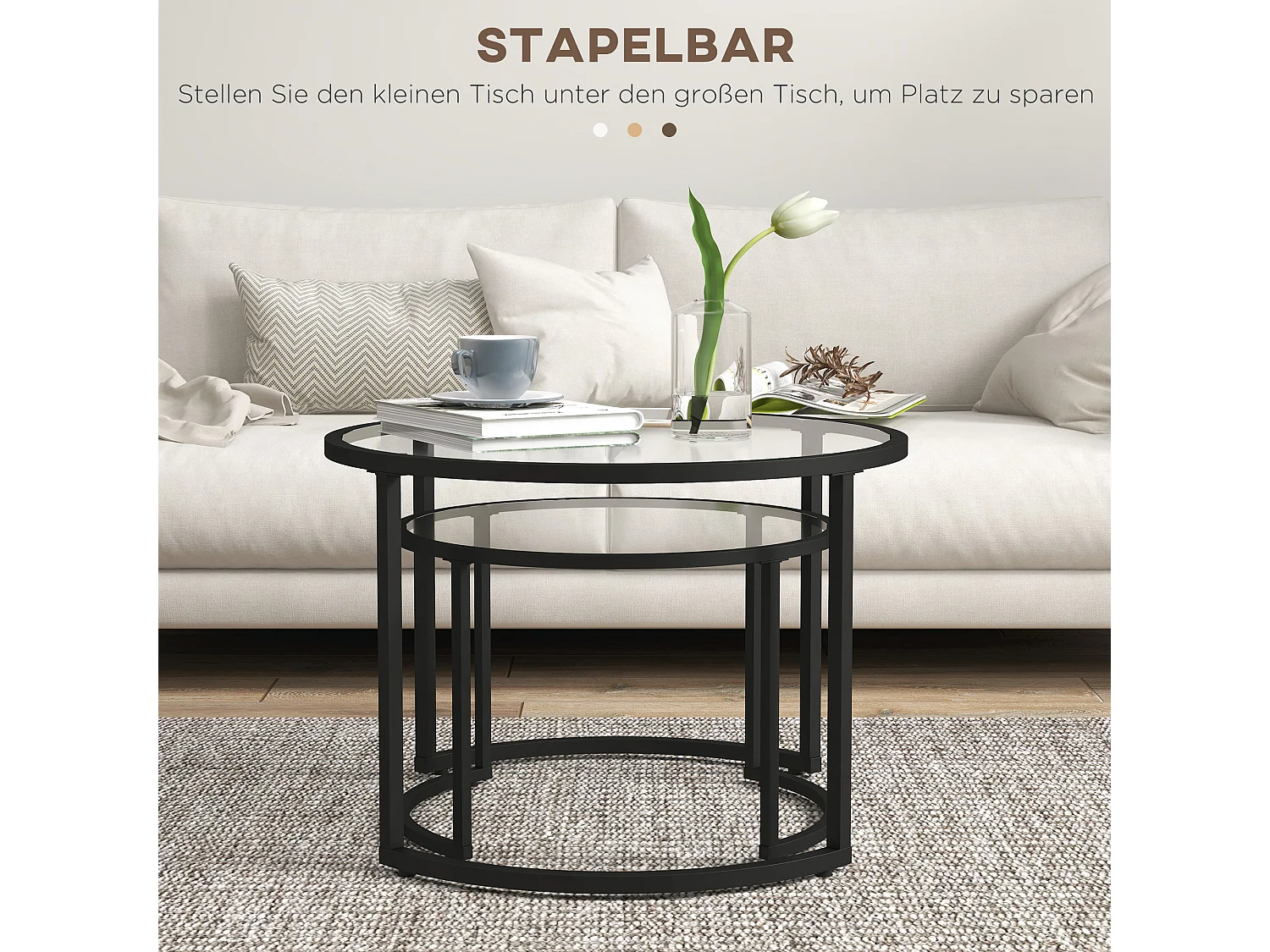 Table basse ronde empilable, design moderne, verre trempé et acier, noir (70x70x47.5 cm)