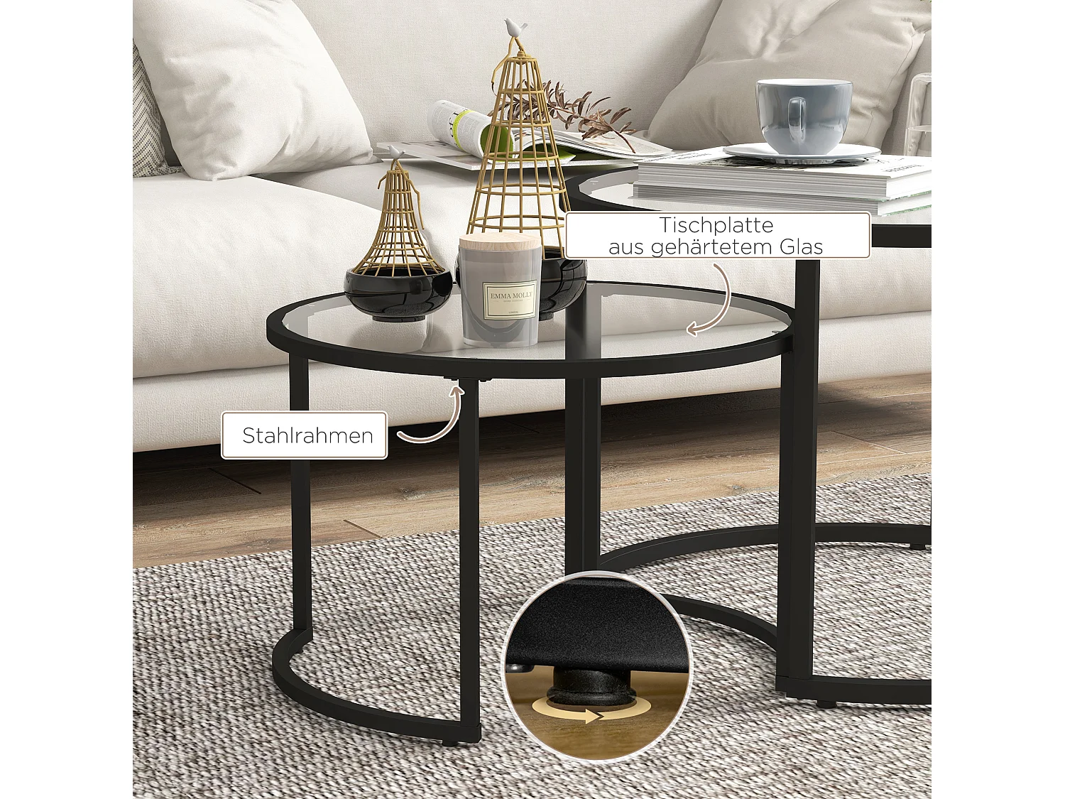 Table basse ronde empilable, design moderne, verre trempé et acier, noir (70x70x47.5 cm)