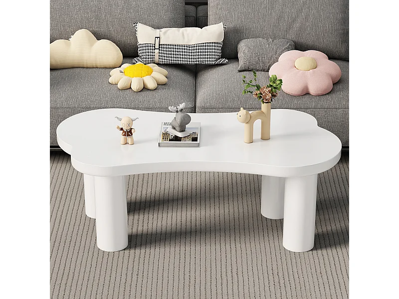 Tavolino da caffè a forma di osso irregolare, design moderno, MDF e PVC, bianco (113x58x40,5 cm)