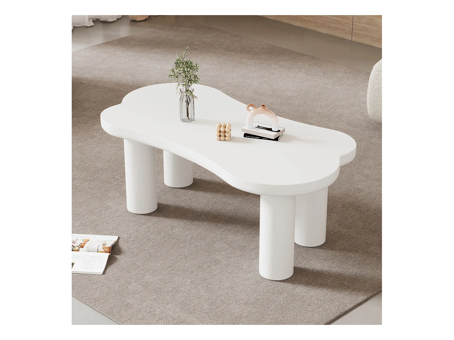 Tavolino da caffè a forma di osso irregolare, design moderno, MDF e PVC, bianco (113x58x40,5 cm)