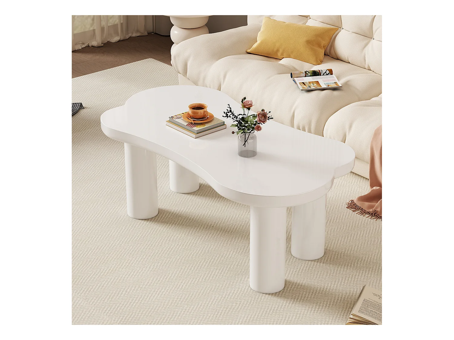 Tavolino da caffè a forma di osso irregolare, design moderno, MDF e PVC, bianco (113x58x40,5 cm)