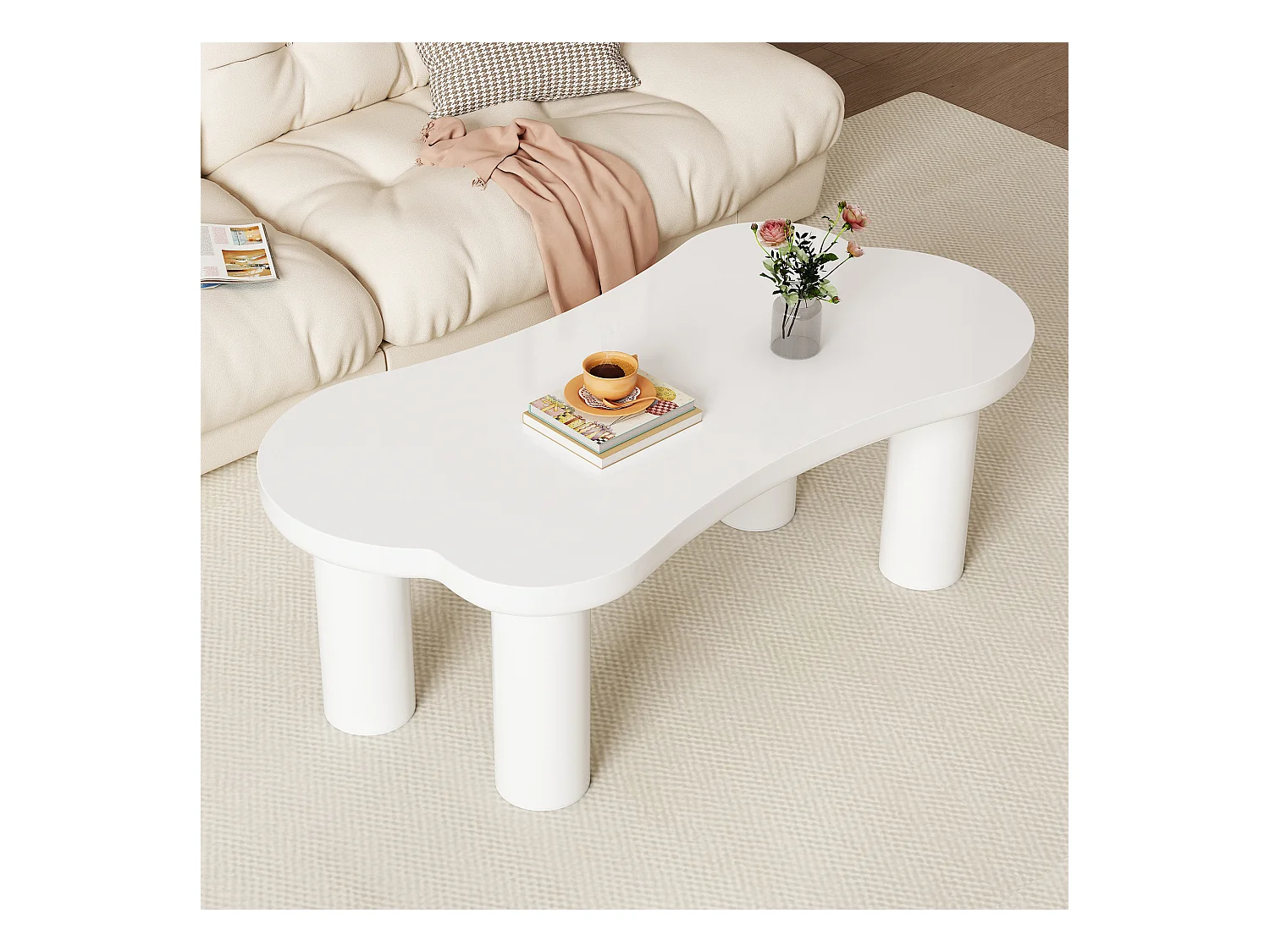 Tavolino da caffè a forma di osso irregolare, design moderno, MDF e PVC, bianco (113x58x40,5 cm)