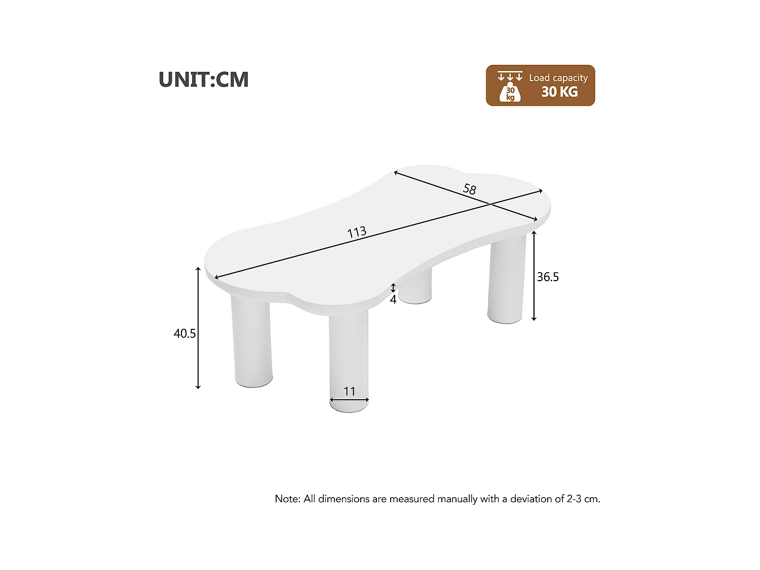 Tavolino da caffè a forma di osso irregolare, design moderno, MDF e PVC, bianco (113x58x40,5 cm)