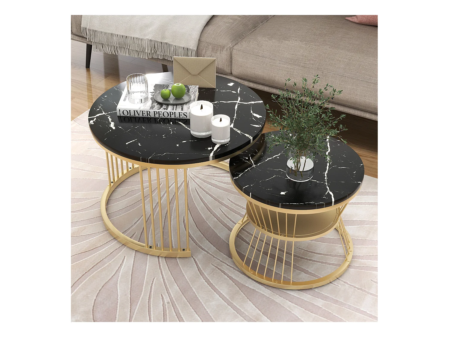 Moderne stapelbare salontafel, marmeren blad, MDF en goudkleurig metaal, zwart (70x70x47cm)