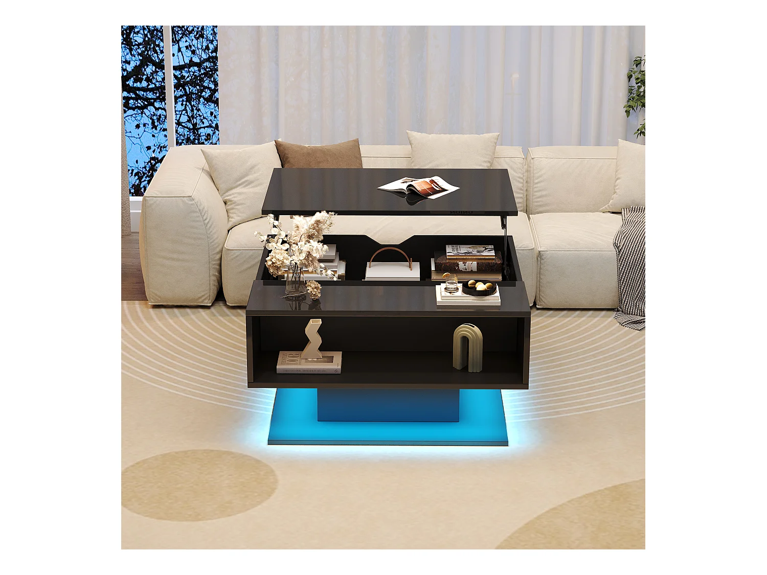 Table basse relevable hydraulique, design moderne avec rangement et éclairage LED, panneau de particules, noir (80x77x40cm)