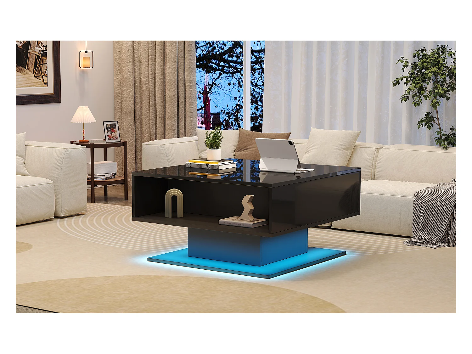 Table basse relevable hydraulique, design moderne avec rangement et éclairage LED, panneau de particules, noir (80x77x40cm)