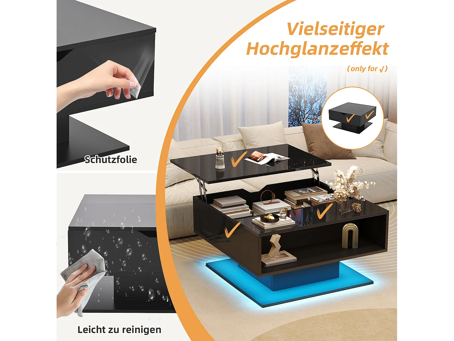 Table basse relevable hydraulique, design moderne avec rangement et éclairage LED, panneau de particules, noir (80x77x40cm)