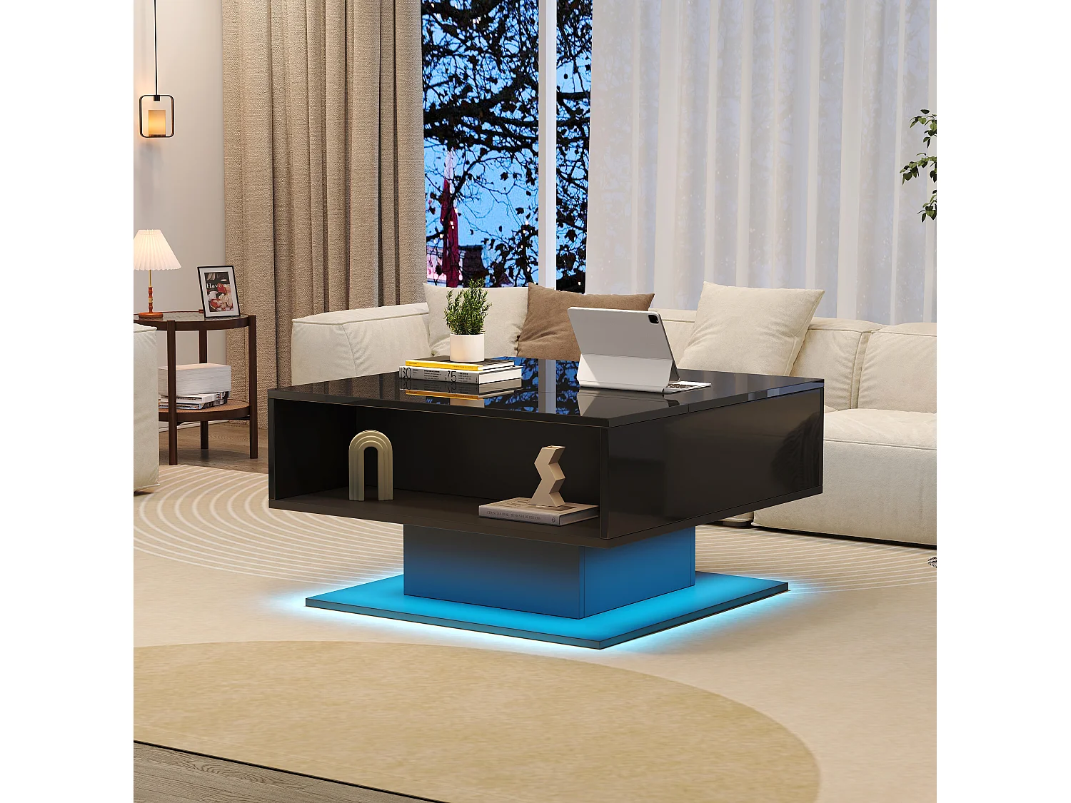 Table basse relevable hydraulique, design moderne avec rangement et éclairage LED, panneau de particules, noir (80x77x40cm)