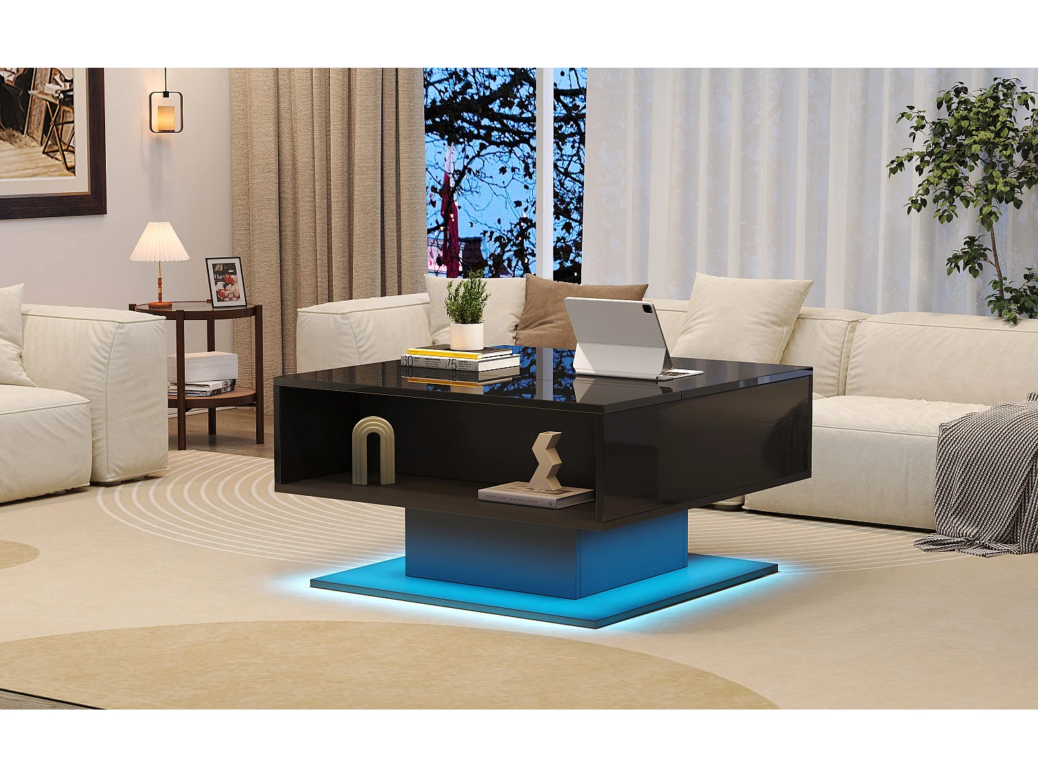 Table basse relevable hydraulique, design moderne avec rangement et éclairage LED, panneau de particules, noir (80x77x40cm)