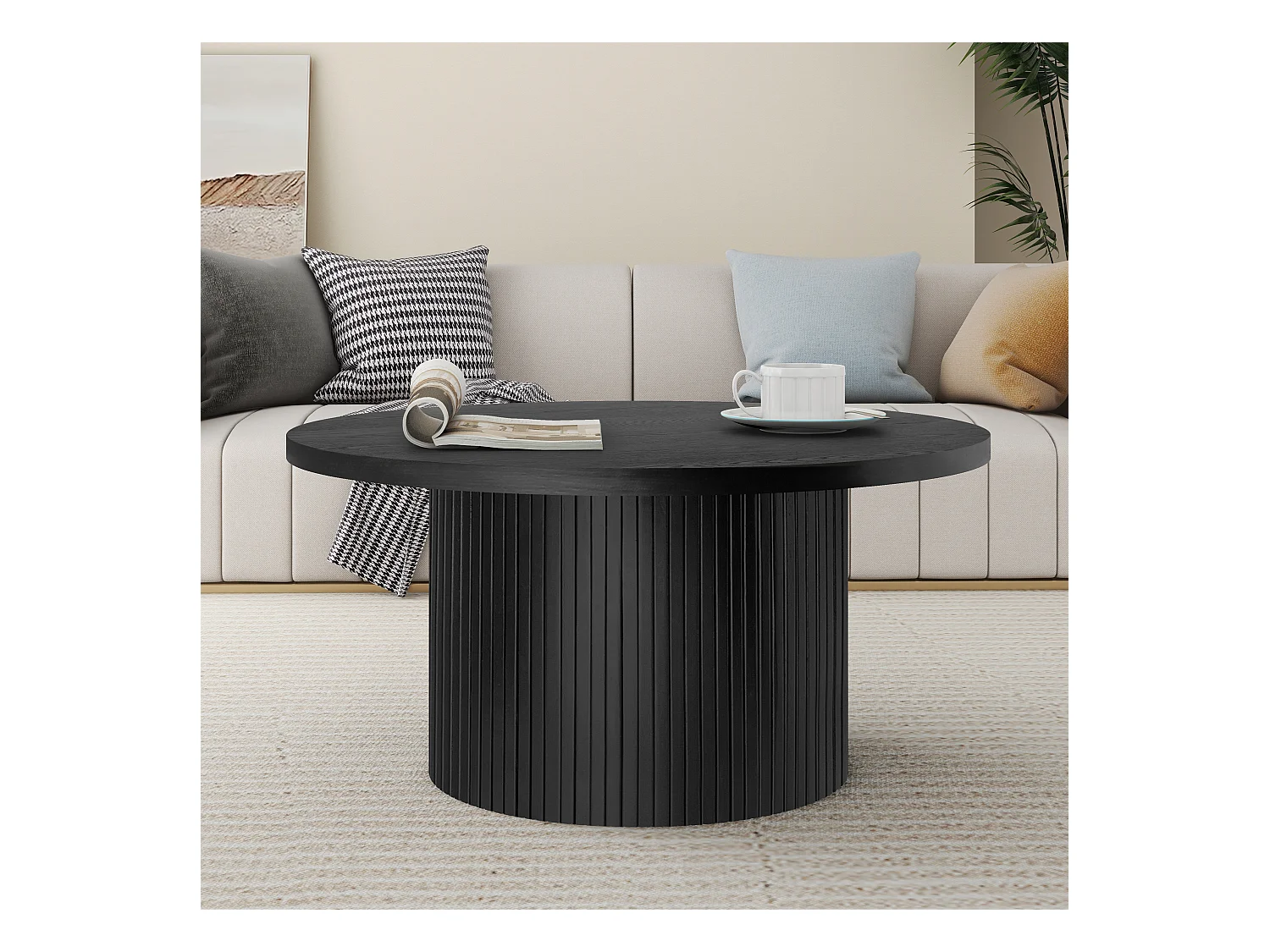 Table basse ronde en bois massif, design moderne et rustique, chêne et MDF, noir (90x90x45cm)