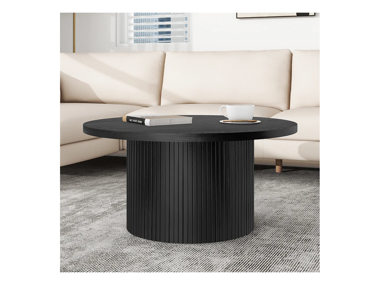 Table basse ronde en bois massif, design moderne et rustique, chêne et MDF, noir (90x90x45cm)