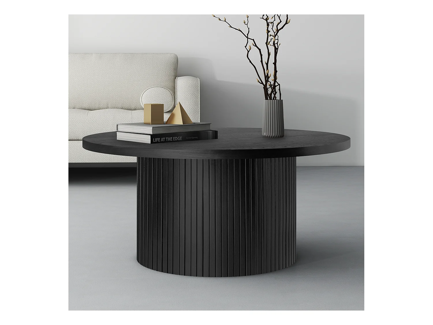 Table basse ronde en bois massif, design moderne et rustique, chêne et MDF, noir (90x90x45cm)