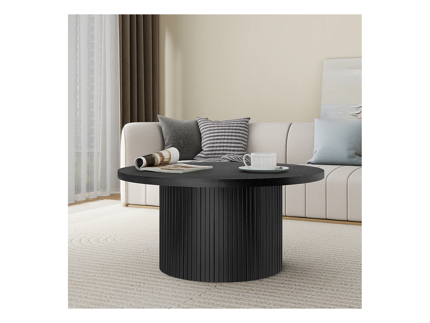 Table basse ronde en bois massif, design moderne et rustique, chêne et MDF, noir (90x90x45cm)