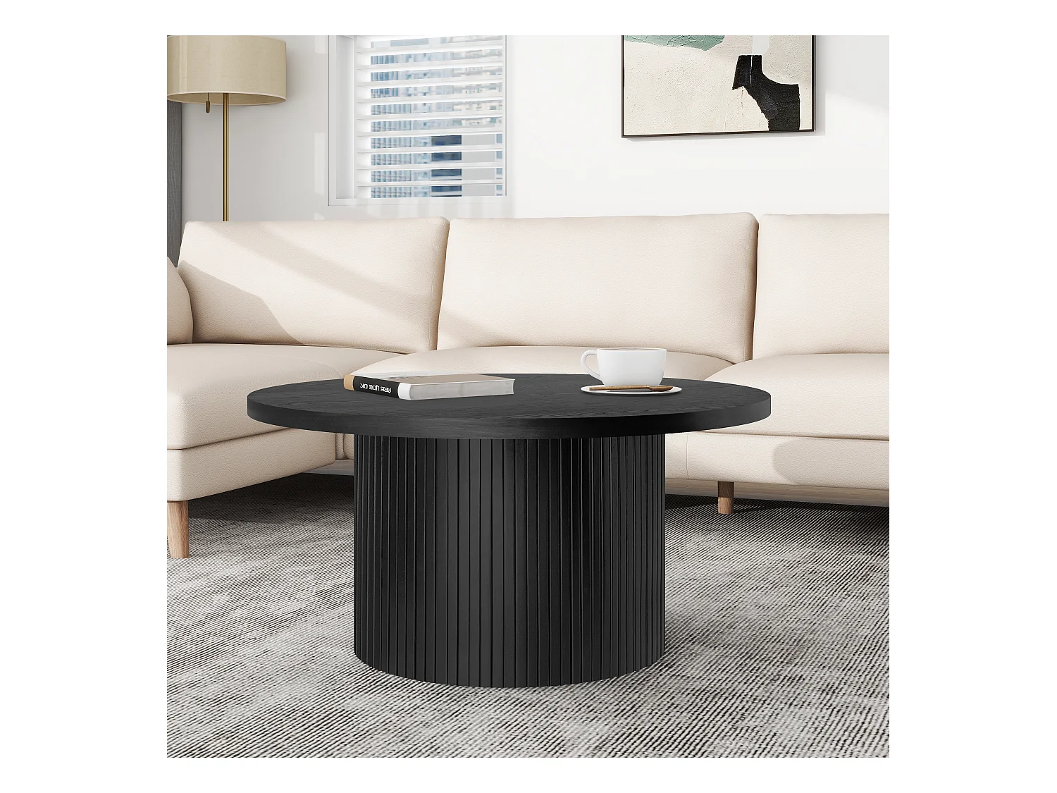 Table basse ronde en bois massif, design moderne et rustique, chêne et MDF, noir (90x90x45cm)
