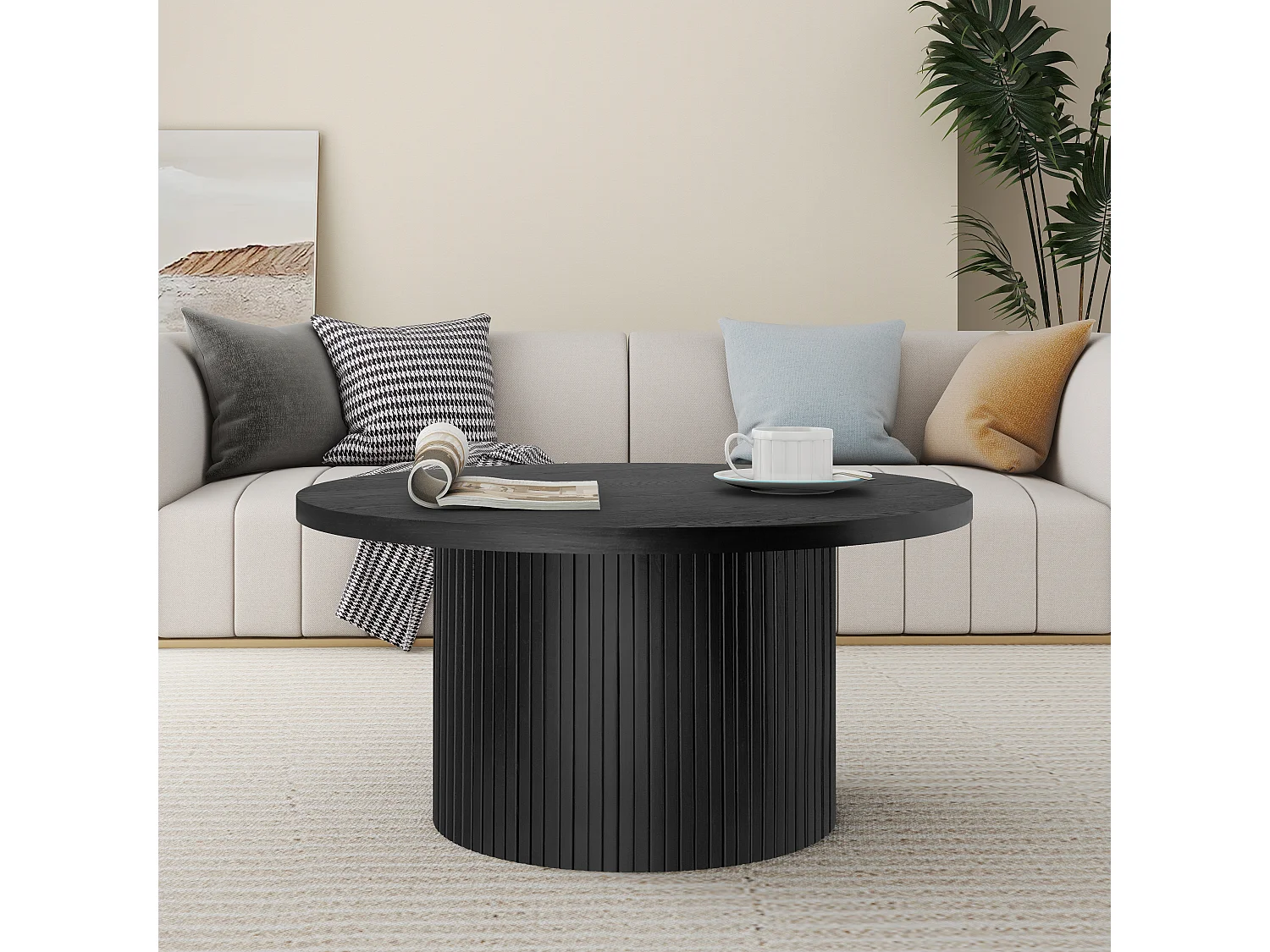 Table basse ronde en bois massif, design moderne et rustique, chêne et MDF, noir (90x90x45cm)