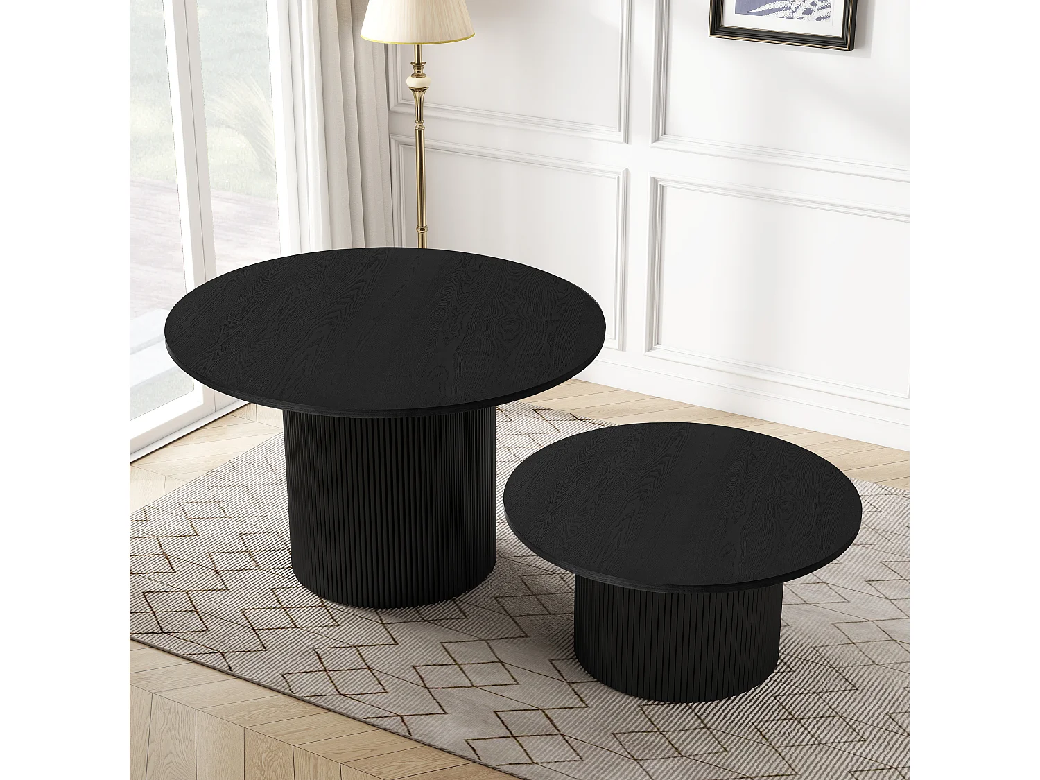 Table basse ronde en bois massif, design moderne et rustique, chêne et MDF, noir (90x90x45cm)