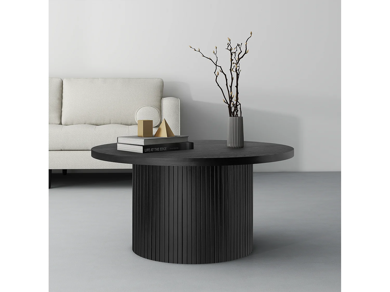 Table basse ronde en bois massif, design moderne et rustique, chêne et MDF, noir (90x90x45cm)