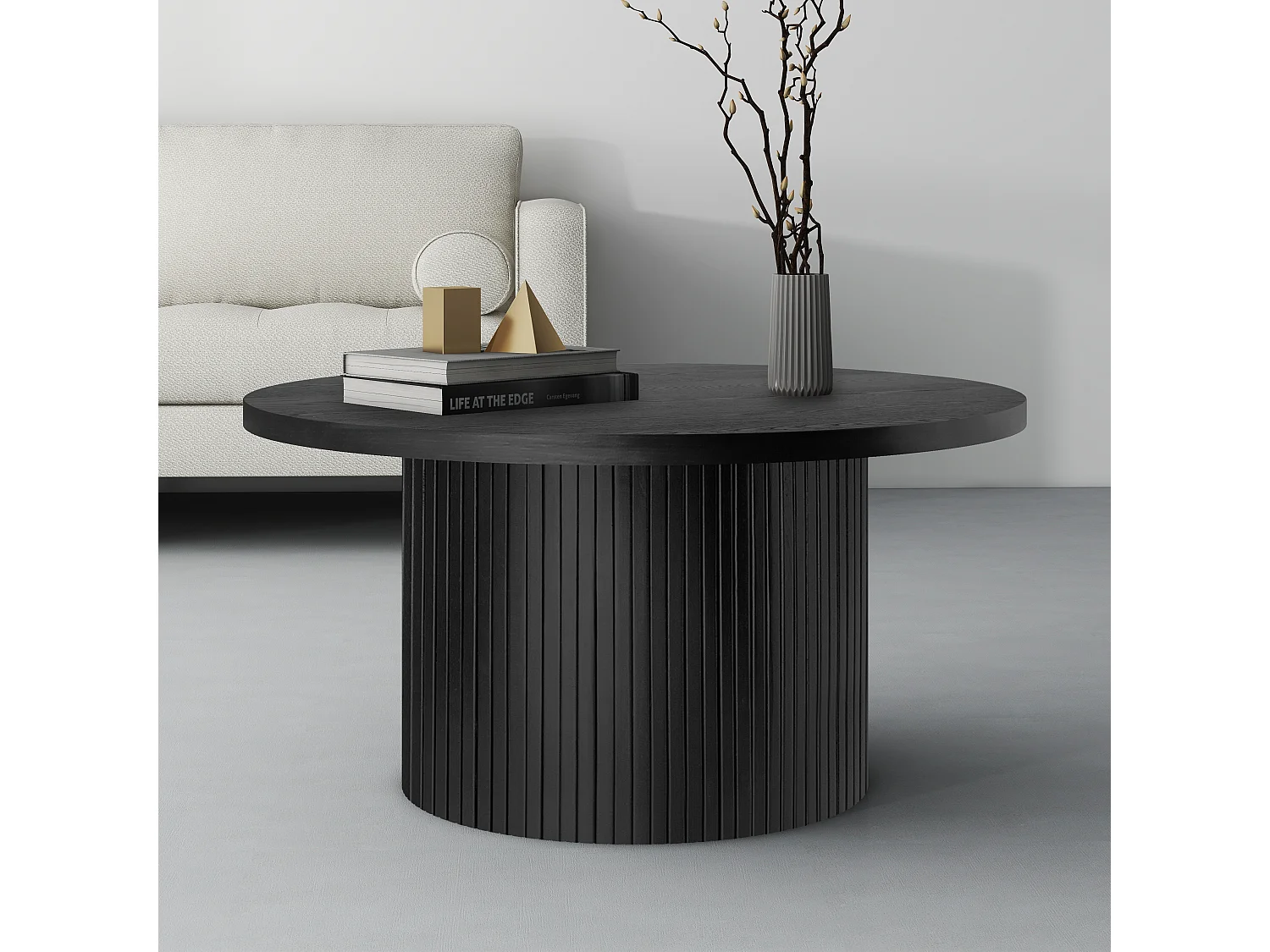 Table basse ronde en bois massif, design moderne et rustique, chêne et MDF, noir (90x90x45cm)