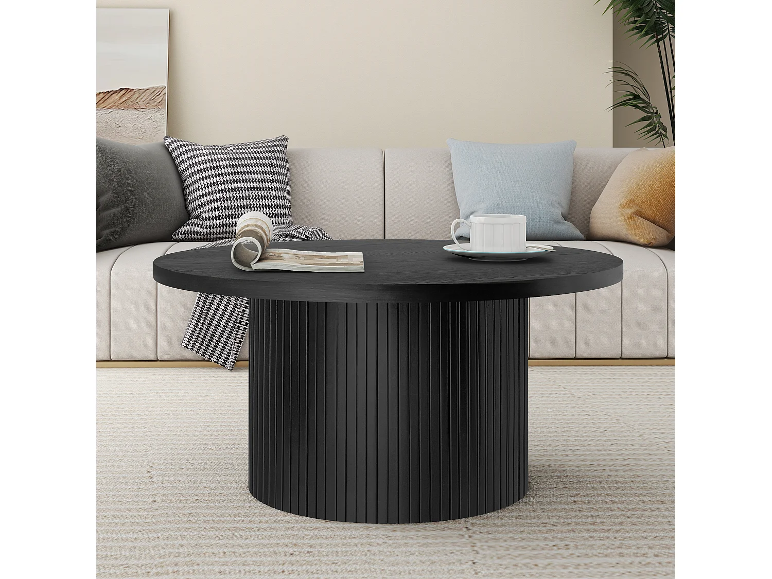 Mesa de centro redonda de madera maciza, diseño moderno y rústico, roble y MDF, color negro (90x90x45cm)