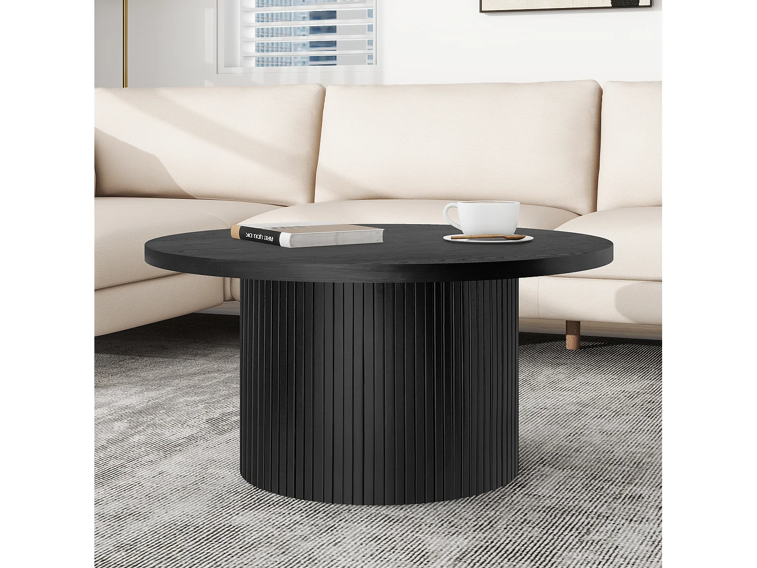 Mesa de centro redonda de madera maciza, diseño moderno y rústico, roble y MDF, color negro (90x90x45cm)