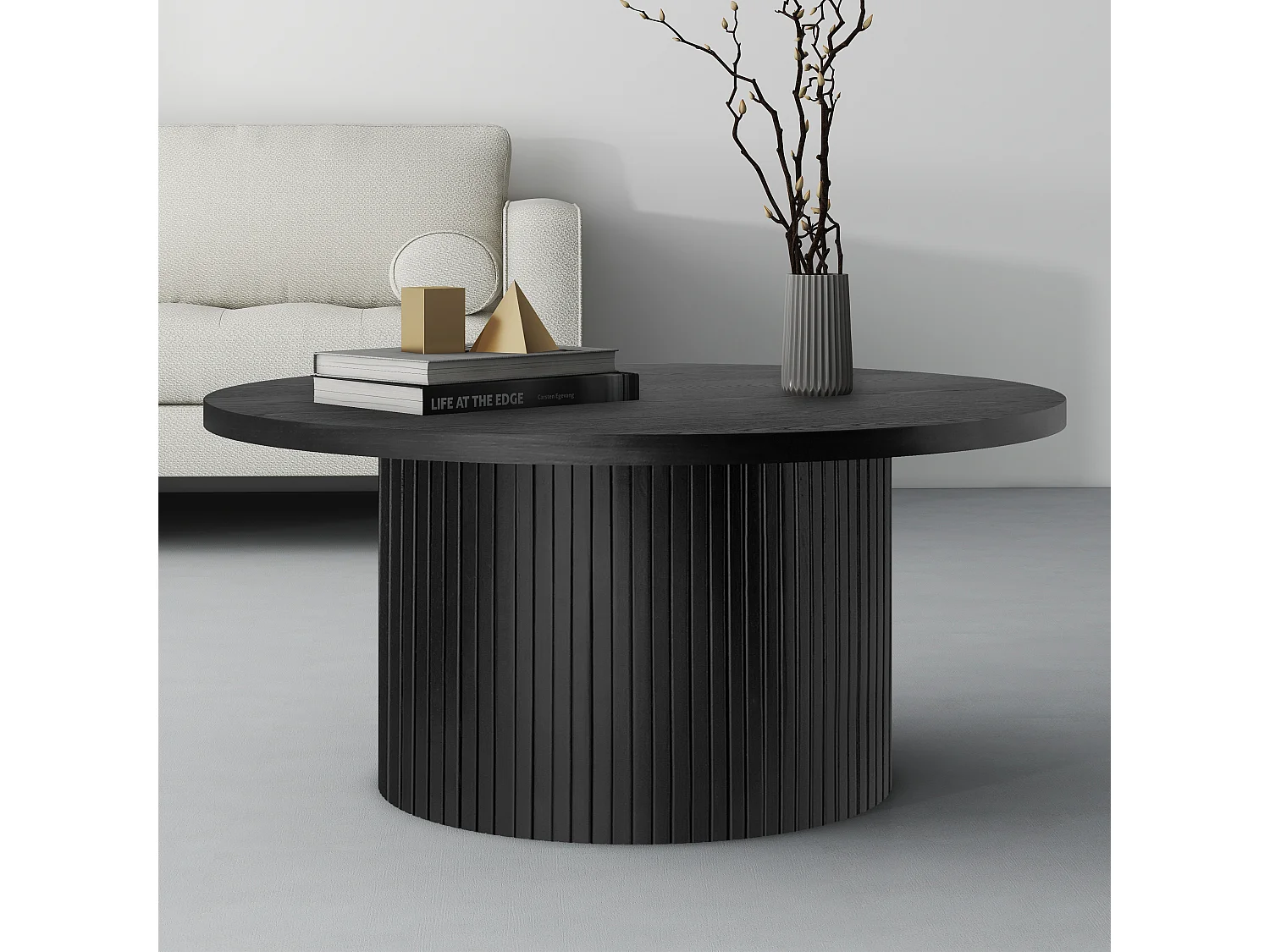 Mesa de centro redonda de madera maciza, diseño moderno y rústico, roble y MDF, color negro (90x90x45cm)