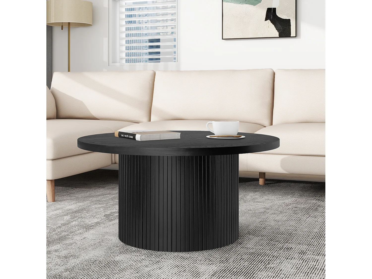 Mesa de centro redonda de madera maciza, diseño moderno y rústico, roble y MDF, color negro (90x90x45cm)