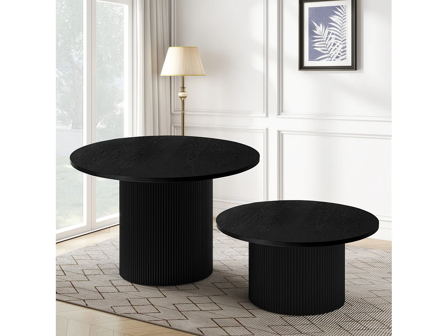 Mesa de centro redonda de madera maciza, diseño moderno y rústico, roble y MDF, color negro (90x90x45cm)