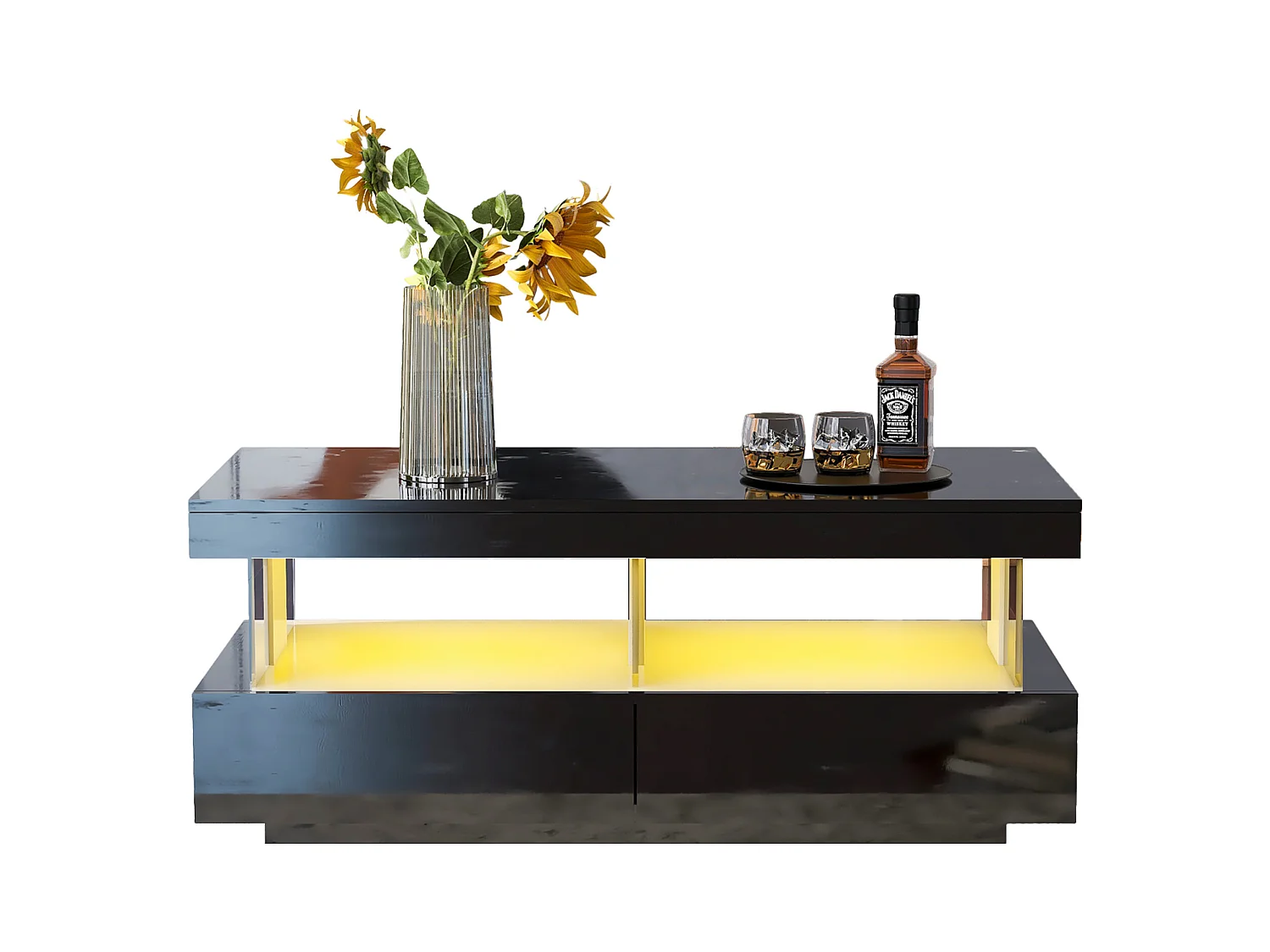 Table basse moderne avec éclairage LED, plateau haut brillant, panneaux acryliques et 2 tiroirs, panneau de particules, noir (100x60x49.5cm)