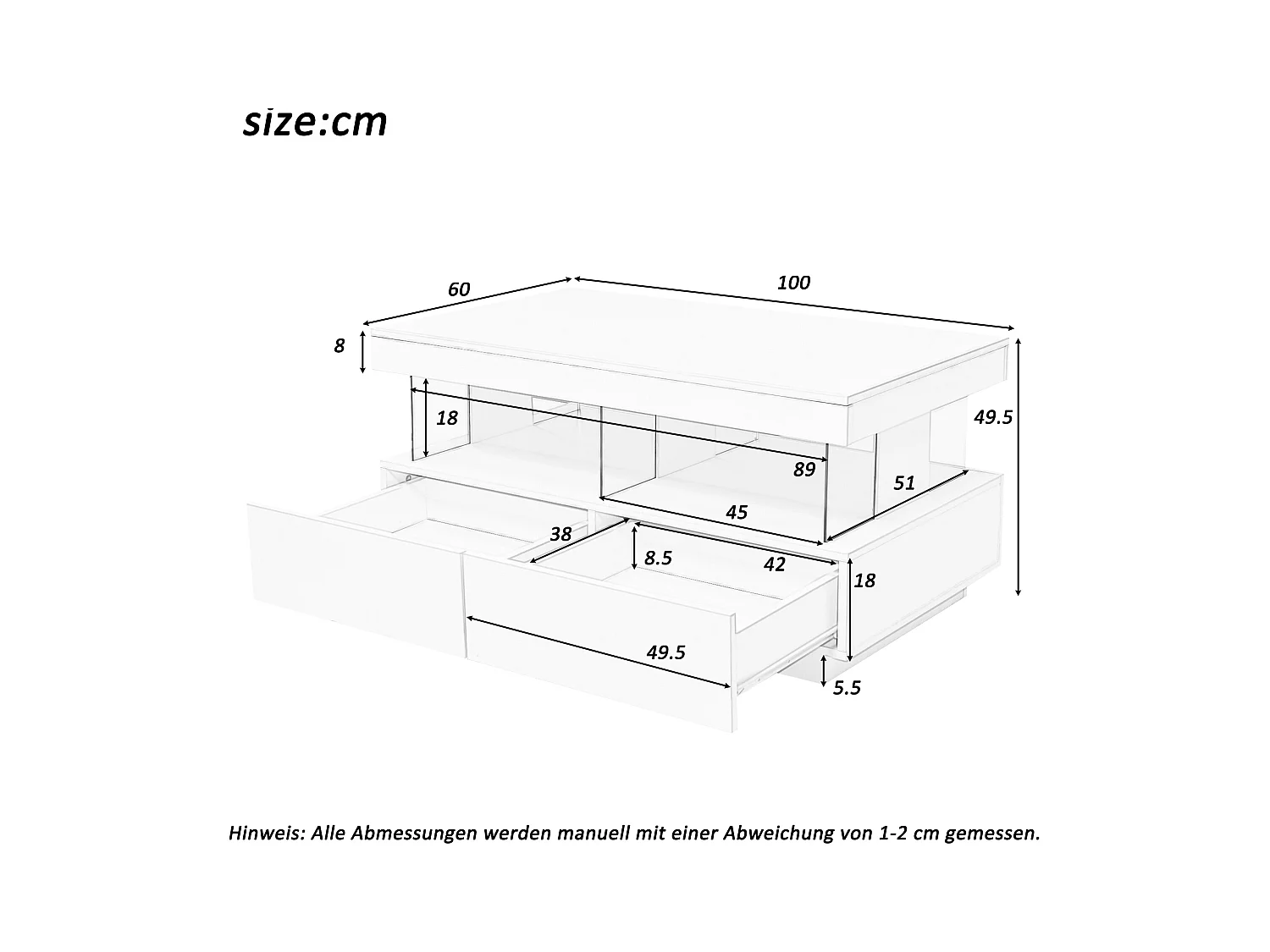 Table basse moderne avec éclairage LED, plateau haut brillant, panneaux acryliques et 2 tiroirs, panneau de particules, noir (100x60x49.5cm)