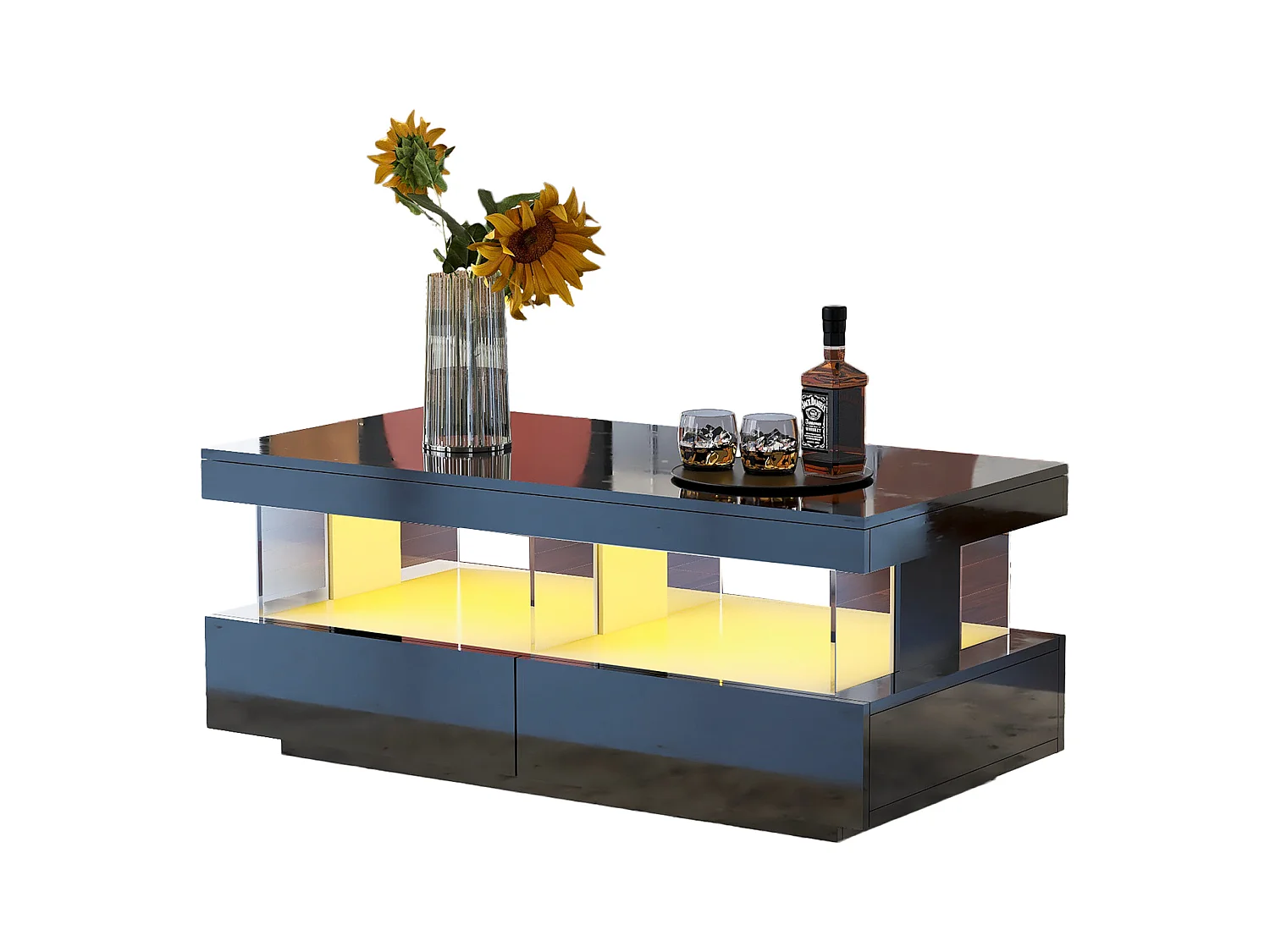 Table basse moderne avec éclairage LED, plateau haut brillant, panneaux acryliques et 2 tiroirs, panneau de particules, noir (100x60x49.5cm)