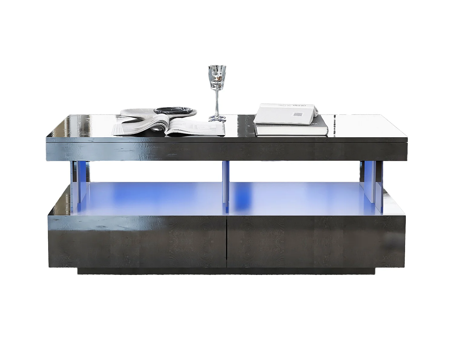 Table basse moderne avec éclairage LED, plateau haut brillant, panneaux acryliques et 2 tiroirs, panneau de particules, noir (100x60x49.5cm)